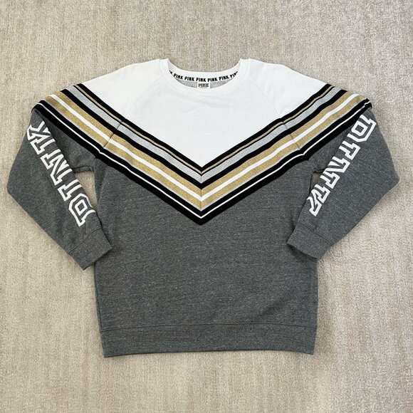 PINK Victoria’s Secret Spirit Stripe Pullover Grey Sweatshirt S - Picture 1 of 10
